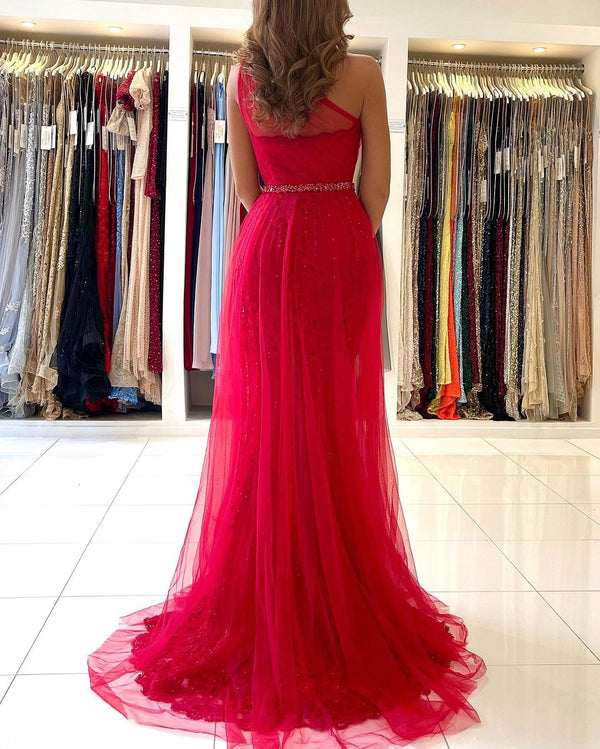 Red One Shoulder Tulle Prom Dress Long Mermaid Appliques Evening Gown With SPlit-Ballbella