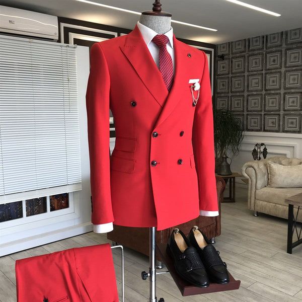 Red Peaked Lapel Double Breasted Bespoke Slim Fit Men's Prom Suits-Ballbella