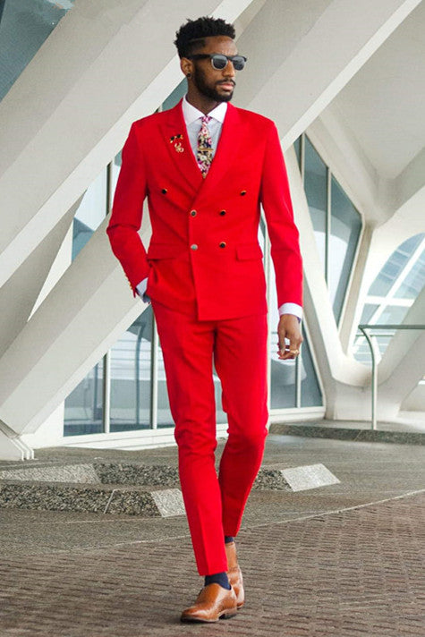 Red Peaked Lapel Double Breasted Men Suits for Prom-Ballbella