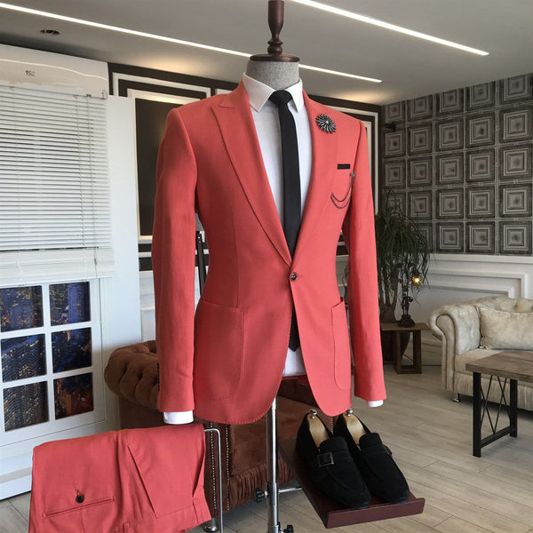 Red Peaked Lapel Slim Fit 2 Flaps Men's Prom Suits-Ballbella