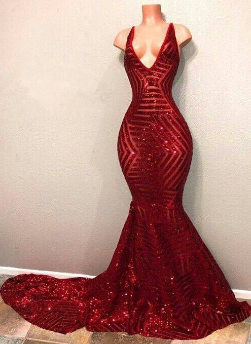 Ballbella offers Red Sequins Shiny V-Neck Mermaid Long Prom Dresses on Ballbella. We offer extra coupons,  make in cheap and affordable price. We provide worldwide shipping and will make the dress perfect for everyone.