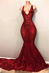 Red Sequins Shiny V-Neck Mermaid Long Prom Dresses-Ballbella