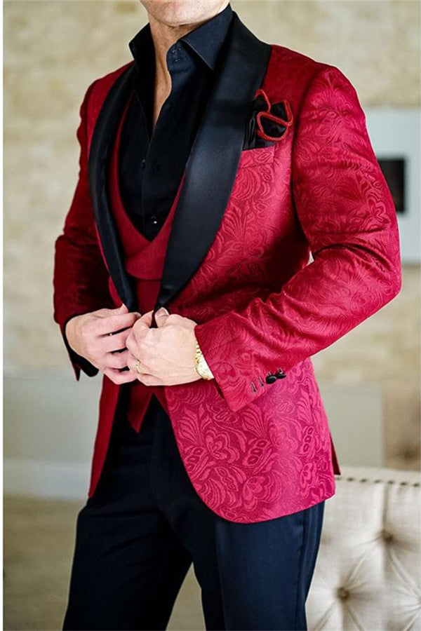 Red Shawl Lapel Jacquard Tuxedos Mens Suits Dinner Jacket 3 Pieces for Groomsman-Ballbella