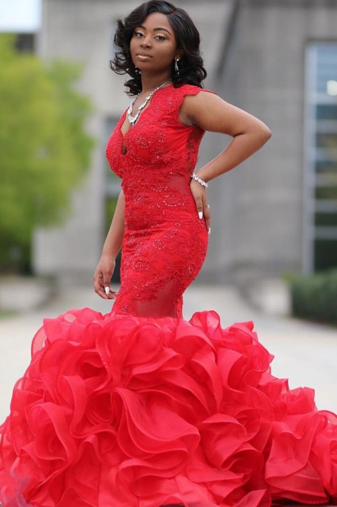 Looking for Prom Dresses, Evening Dresses in Satin,  Mermaid style,  and Gorgeous Appliques work? Ballbella has all covered on this elegant Red Sleeveless Mermaid Ruffy Train Evening Maxi Gown for Women.