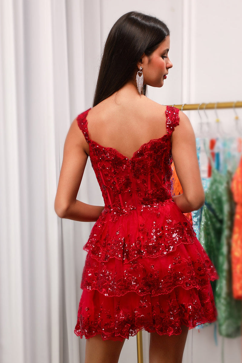 Red Sparkly Corset Tiered Lace A-Line Homecoming Dress-Ballbella