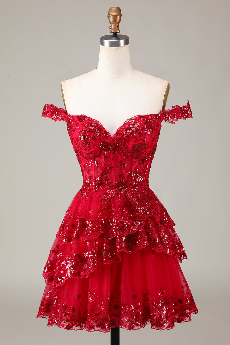 Red Sparkly Corset Tiered Lace A-Line Homecoming Dress Ballbella Red Sparkly Corset Tiered Lace A-Line Homecoming Dress Ballbella