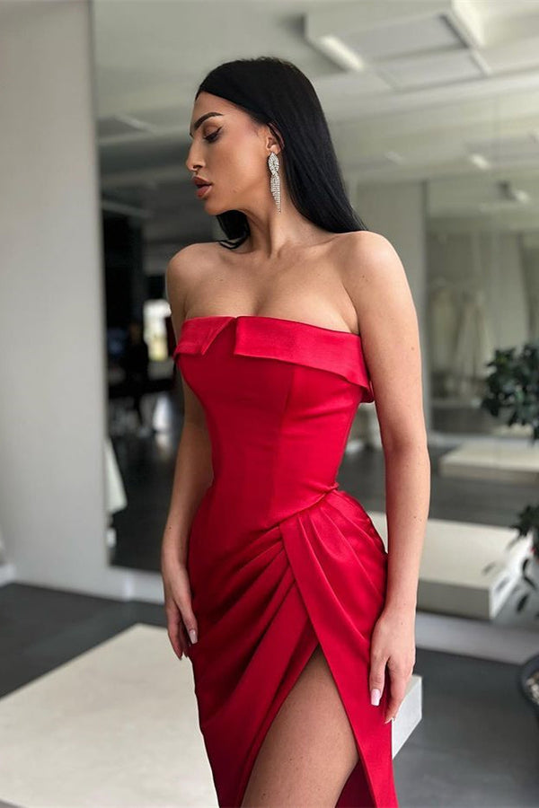 Red Strapless Long Prom Dress Mermaid With Slit Red Strapless Long Prom Dress Mermaid With Slit