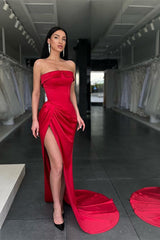 Red Strapless Long Prom Dress Mermaid With Slit-Ballbella