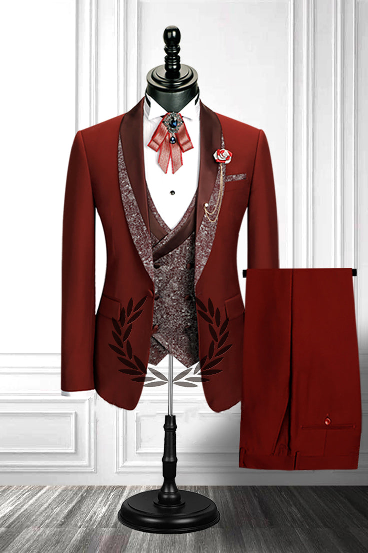 This Red Three-piece Stitching Lapel Custom design Double Breasted Waistcoat Men Formal Suit at Ballbella comes in all sizes for prom, wedding and business. Shop an amazing selection of Shawl Lapel Single Breasted Burgundy mens suits in cheap price.
