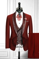 This Red Three-piece Stitching Lapel Custom design Double Breasted Waistcoat Men Formal Suit at Ballbella comes in all sizes for prom, wedding and business. Shop an amazing selection of Shawl Lapel Single Breasted Burgundy mens suits in cheap price.