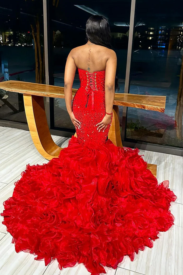 Red V-neck Strapless Ruffles Mermaid Sleeveless Gorgeous Prom Dresses ...