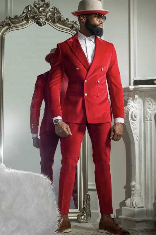 Red Velvet Double Breasted Peaked Lapel Prom Suits-Ballbella