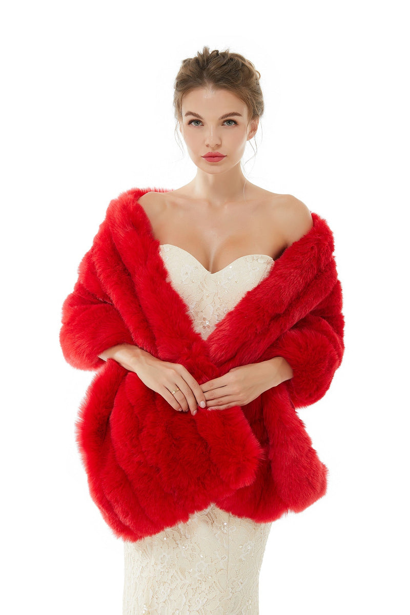 Red Wedding Shawl Faux Fur Stole Fluffy Bridal Wrap Shrug-Ballbella
