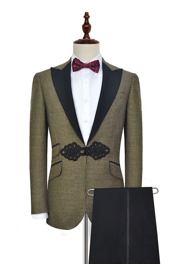 Retro Small Checked Prom Suits Knitted Button Black Peak Lapel Wedding Suits for Men-Ballbella