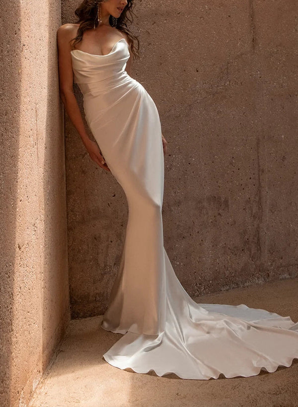 Retro style Trumpet Mermaid Fitted Cowl Neck Silk Like Satin Wedding Dresses-Ballbella