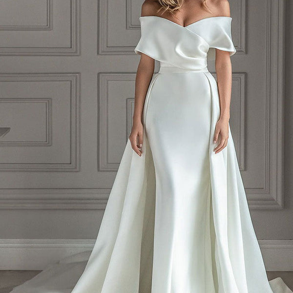 pleated mermaid wedding dress Retro White Wedding Dress With Train Satin Off The Shoulder Pleated Mermaid Bridal Gowns