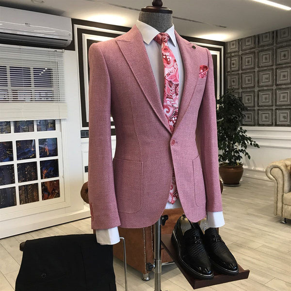 Rock Pink Peaked Lapel One Button Slim Fit Men's Prom Suits-Ballbella