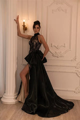 Romantic Black Halter Sleeveless Lace Mermaid Prom Dress Sheath Side Split With Ruffle Zipper-Ballbella