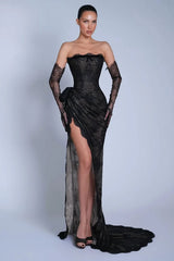 Romantic Black Strapless Mermaid Prom Dress High Split With Lace-Up Back Gloves-Ballbella