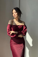Romantic Burgundy Off-The-Shoulder Long Sleeves Satin Prom Dresses Mermaid With Pleats-Ballbella
