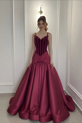 Romantic Burgundy Spaghetti-Straps V-Neck Prom Dress A-Line Sleeveless With Pleats-Ballbella