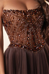 Romantic Chocolate Strapless Sleeveless Chiffon Prom Dresses A-Line Gem With Beads-Ballbella