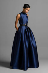 Romantic Dark Navy Halter Sleeveless Satin Prom Dresses A-Line Long With Pleats-Ballbella