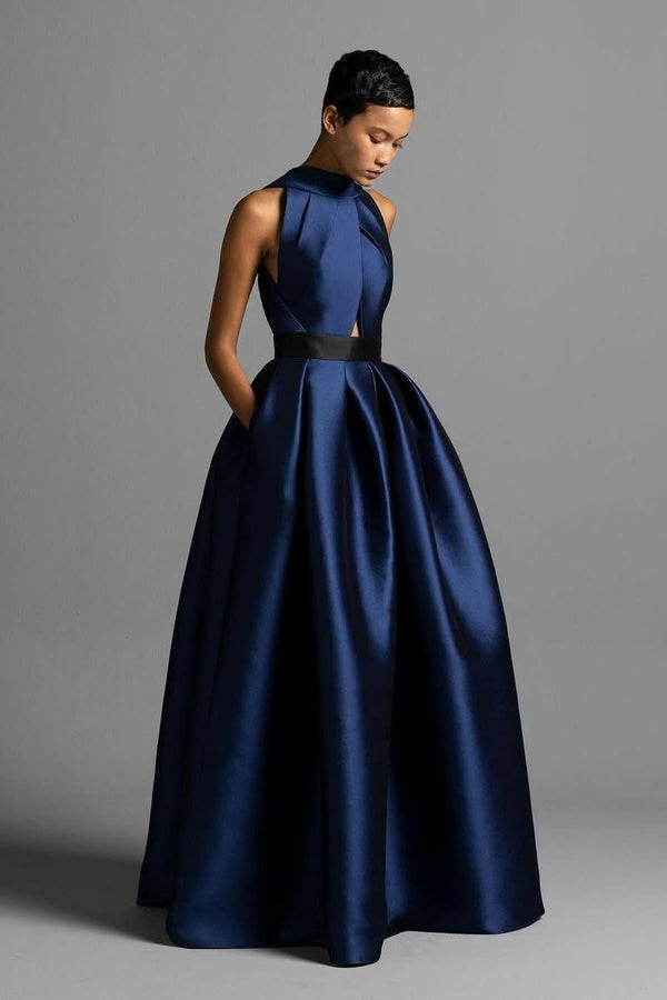 romantic formal dresses Dark Navy Halter Sleeveless Satin Prom A-Line Long With Pleats Northampton SIZE:XS-S/2-6 Rear lace Beaded Mini Dress With