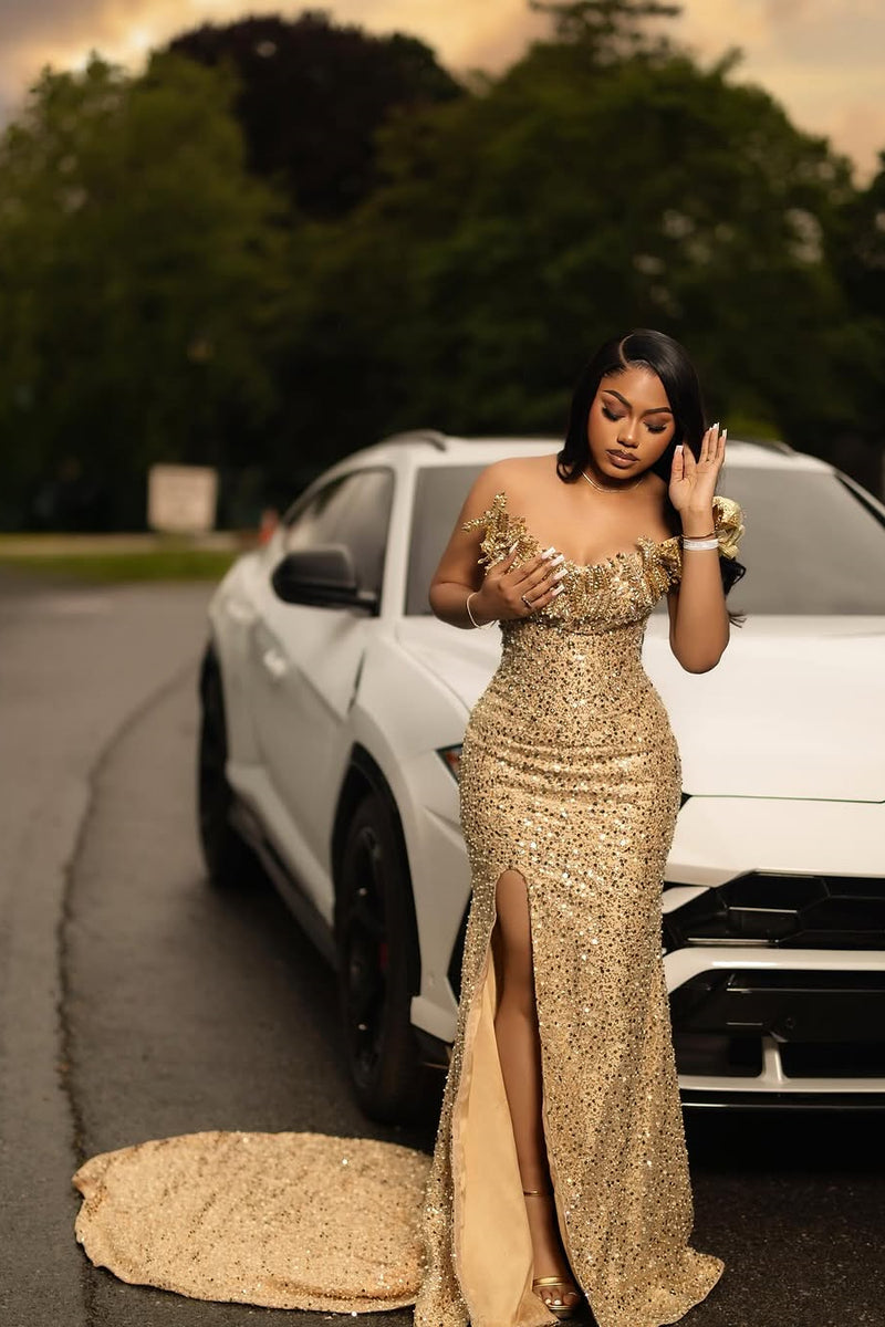 Romantic Gold Strapless Sleeveless Sequins Prom Dresses Mermaid Gem with High Split Romantic Gold Strapless Sleeveless Sequins Prom Dresses Mermaid Gem with High Split