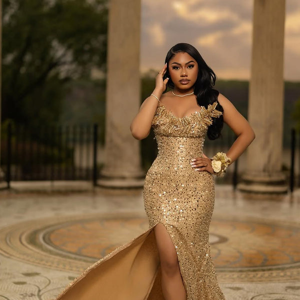 Romantic Gold Strapless Sleeveless Sequins Prom Dresses Mermaid Gem with High Split