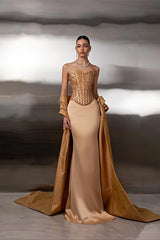 Romantic Gold Sweetheart Strapless Sleeveless Satin Prom Dress Mermaid Beads-Ballbella