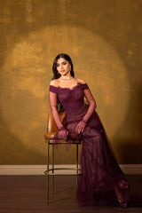 Romantic Grape Sweetheart Off-The-Shoulder Long Sleeves Lace Prom Dress Mermaid Beads With Zipper Ruffles-Ballbella