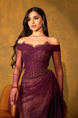 Romantic Grape Sweetheart Off-The-Shoulder Long Sleeves Lace Prom Dress Mermaid Beads With Zipper Ruffles-Ballbella