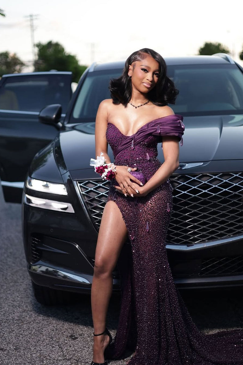 green emerald velvet dress Grape Formal Dresses One Shoulder Trumpet/Mermaid Long Formal Dresses With  Slit main image 1