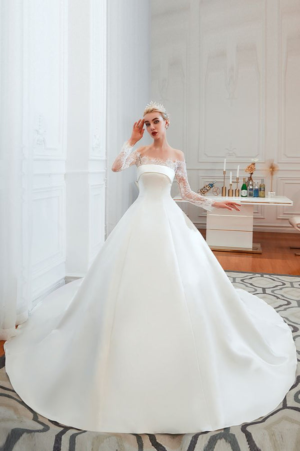 princess wedding dress with sleeves Romantic Lace Long Sleevess Princess Satin Wedding Dress
