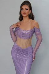 Romantic Lilac Strapless Long Sleeves Prom Dresses Mermaid Gem With Pleats-Ballbella
