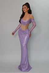 Romantic Lilac Strapless Long Sleeves Prom Dresses Mermaid Gem With Pleats-Ballbella