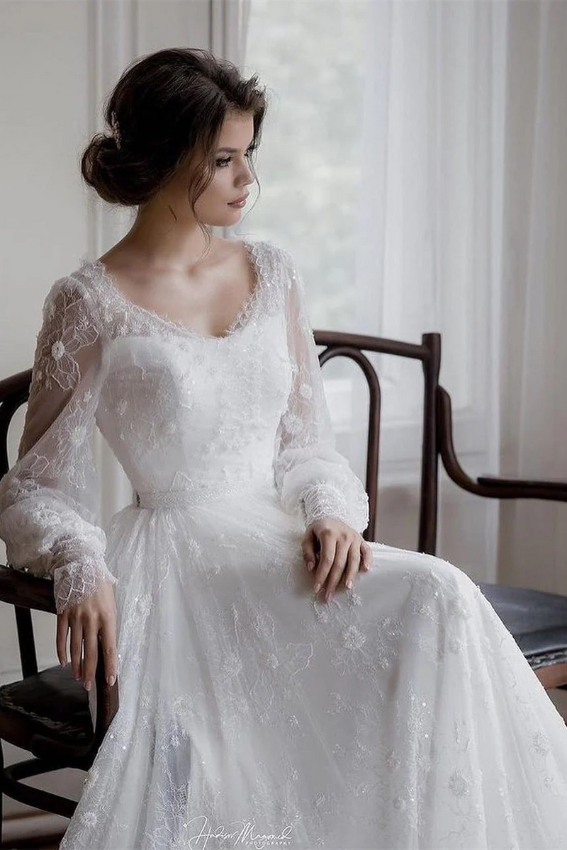 Romantic Long sleeves White Lace Flowers A-line Wedding Dresses Romantic Long sleeves White Lace Flowers A-line Wedding Dresses
