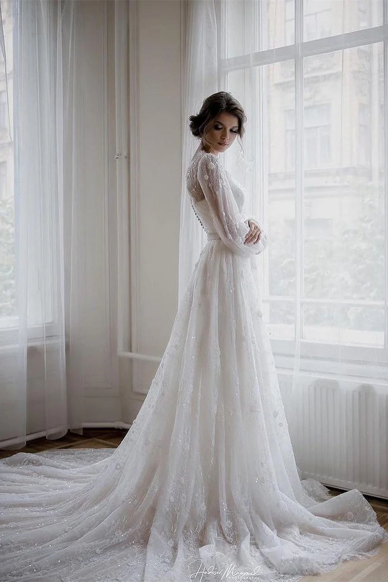 Romantic Long sleeves White Lace Flowers A-line Wedding Dresses Romantic Long sleeves White Lace Flowers A-line Wedding Dresses