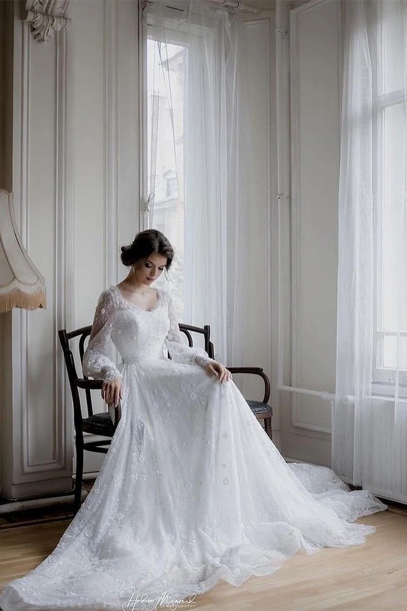 Romantic Long sleeves White Lace Flowers A-line Wedding Dresses-Ballbella