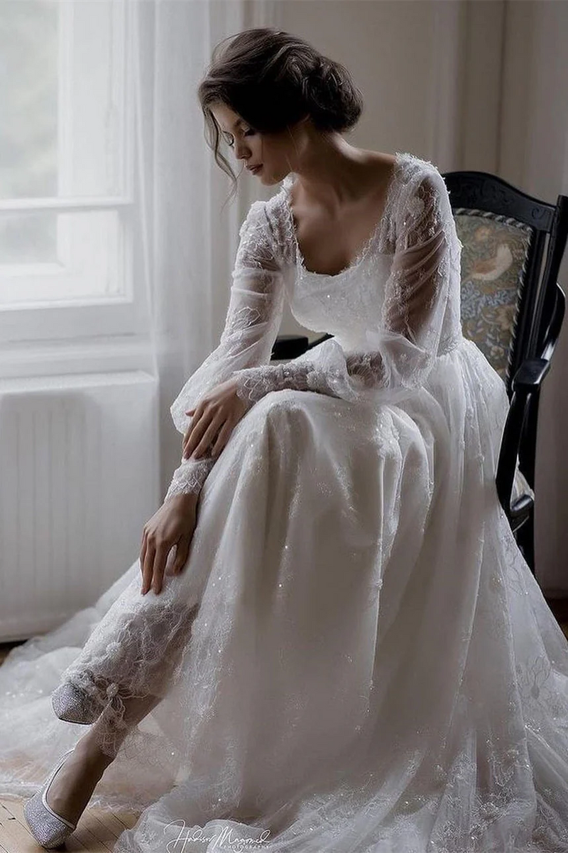 Romantic Long sleeves White Lace Flowers A-line Wedding Dresses Romantic Long sleeves White Lace Flowers A-line Wedding Dresses