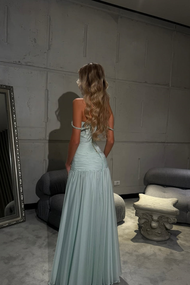 Romantic Off-The-Shoulder Chiffon Sleeveless Prom Dress Beads Pleats With Zipper Ballbella Romantic Off-The-Shoulder Chiffon Sleeveless Prom Dress Beads Pleats With Zipper Ballbella
