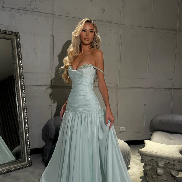 off the shoulder romantic dress Romantic Off-The-Shoulder Chiffon Sleeveless Prom Dress Beads Pleats With Zipper