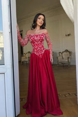 Romantic Red Off-The-Shoulder Long Sleeves Satin Prom Dresses A-Line Beads With Pleats-Ballbella