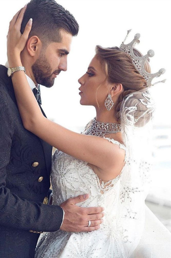 Romantic Sequined Pattern A line Wedding Dress V Neck Sleeveless Crystal Gowns-Ballbella
