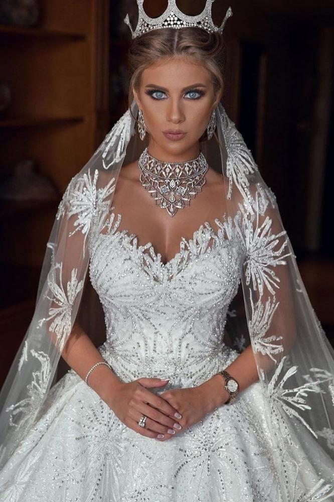 Romantic Sequined Pattern A line Wedding Dress V Neck Sleeveless Crystal Gowns Romantic Sequined Pattern A line Wedding Dress V Neck Sleeveless Crystal Gowns