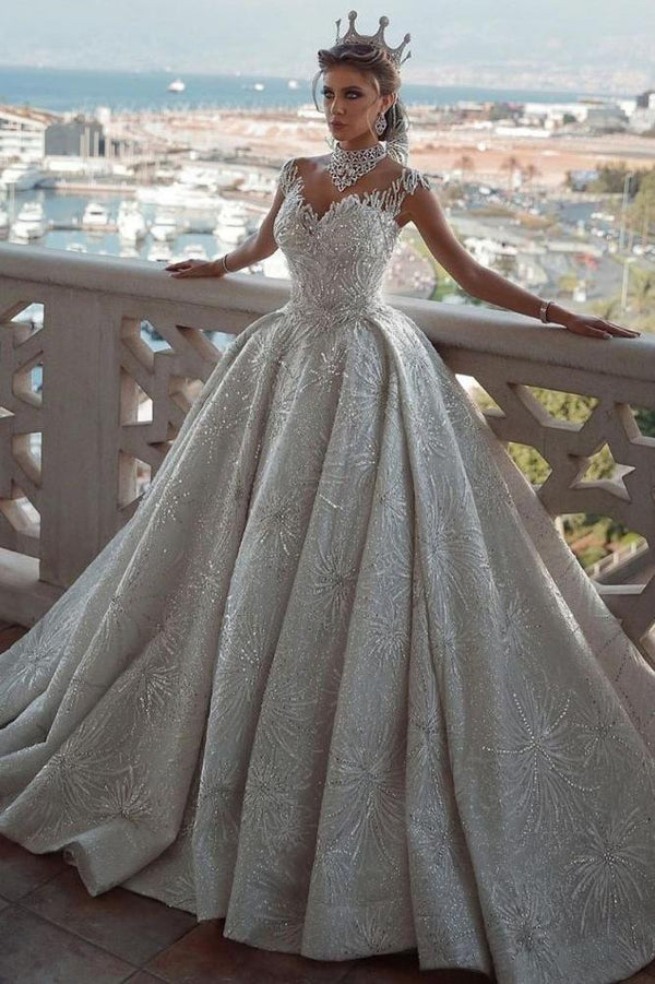 chinese dress ladies Romantic Sequined Pattern A Line Wedding Dress V Neck Sleeveless Crystal Gowns