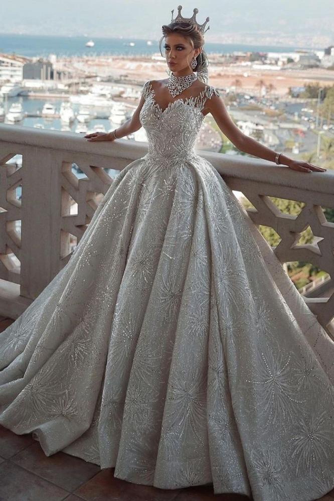 Romantic Sequined Pattern A line Wedding Dress V Neck Sleeveless Crystal Gowns-Ballbella