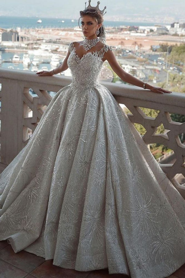 Romantic Sequined Pattern A line Wedding Dress V Neck Sleeveless Crystal Gowns-Ballbella