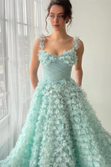 Romantic Straps Sleeveless A-Line Prom Dresses Long Pearl With Flower-Ballbella